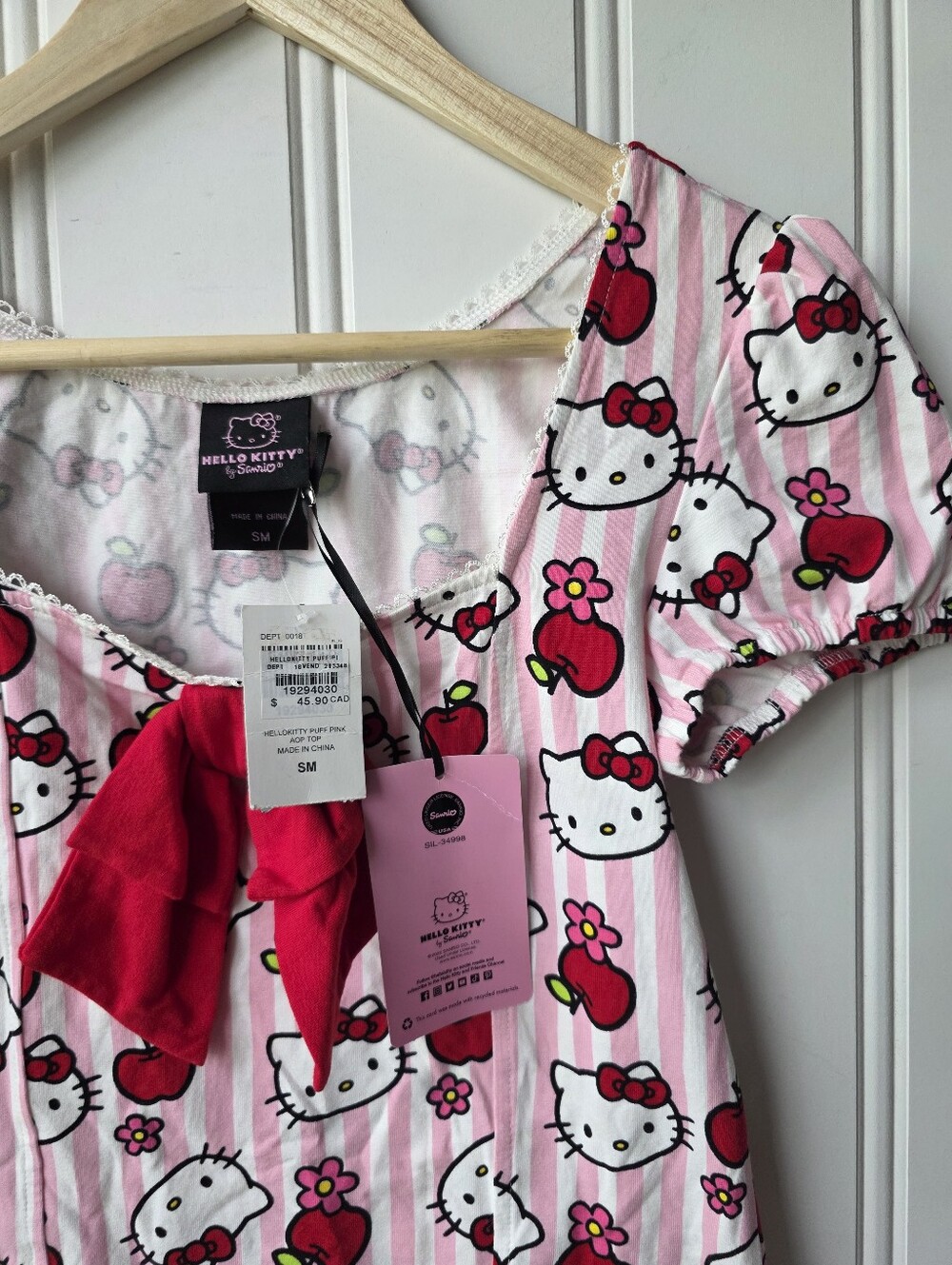 Hot Topic Hello Kitty Sanrio Y2K Pink Striped Blouse Top Apples Small Medium - Picture 8 of 11